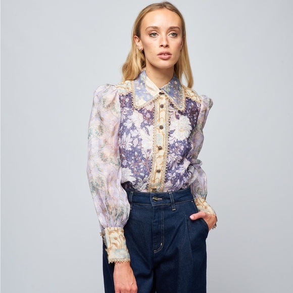Zimmermann Purple Celestial Floral Print Linen Blend Blouse Zimmermann 1 - Picture 5 of 12